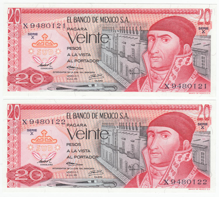1973 Mexico Two Consecutive 20 Pesos Notes front