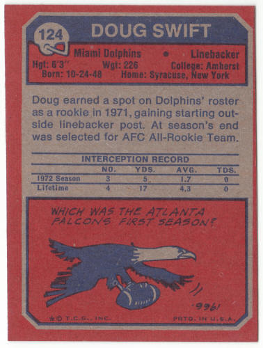 1973 Topps Football #124 Doug Swift Rookie Card
