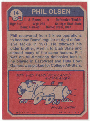 1973 Topps Football #14 Phil Olsen Rookie Card