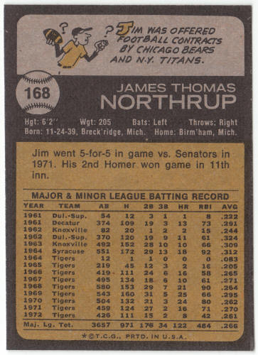 1973 Topps Baseball #168 Jim Northrup