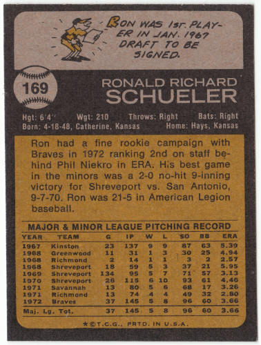 1973 Topps Baseball #169 Ron Schueler Rookie Card