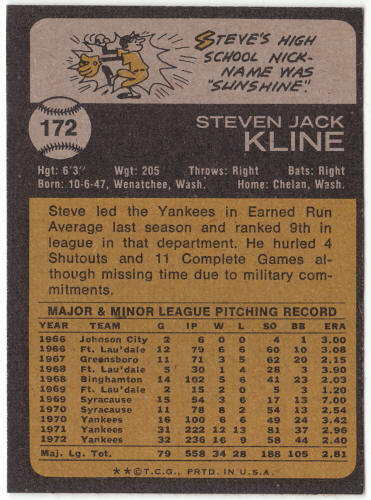 1973 Topps Baseball #172 Steve Kline