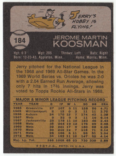 1973 Topps Baseball #184 Jerry Koosman