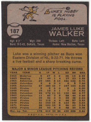 1973 Topps Baseball #187 Luke Walker