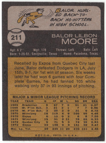 1973 Topps Baseball #211 Balor Moore