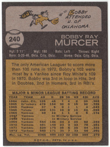 1973 Topps Baseball #240 Bobby Murcer
