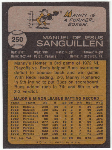 1973 Topps Baseball #250 Manny Sanguillen