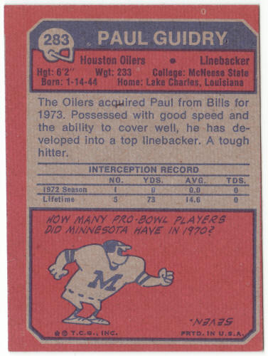 1973 Topps Football #283 Paul Guidry