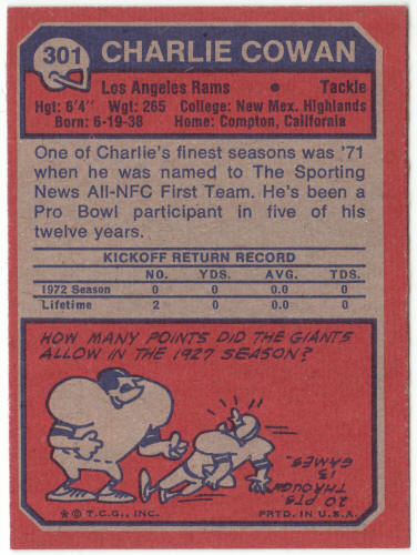 1973 Topps Football #301 Charlie Cowan Rookie Card