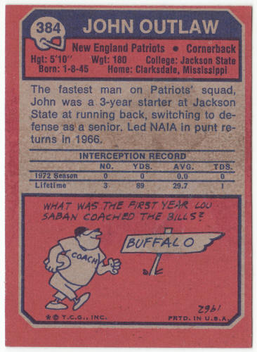 1973 Topps Football #384 John Outlaw Rookie Card