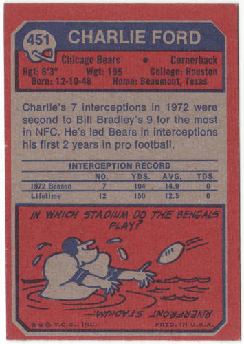 1973 Topps Football #451 Charlie Ford Rookie Card