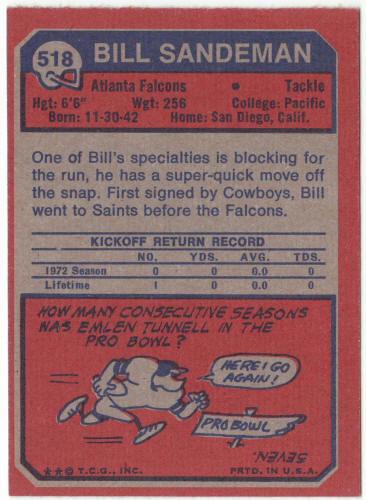 1973 Topps Football #518 Bill Sandeman Rookie Card