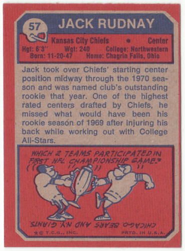 1973 Topps Football #57 Jack Rudnay Rookie Card