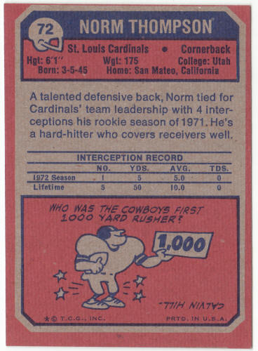 1973 Topps Football #72 Norm Thompson Rookie Card