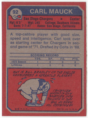 1973 Topps Football #92 Carl Mauck Rookie Card