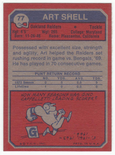 1973 Topps Art Shell #77 Rookie Card back