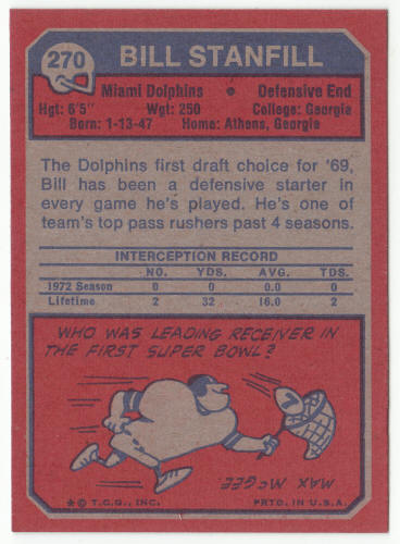 1973 Topps #270 Bill Stanfill Rookie Card