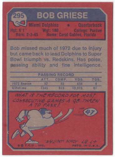 1973 Topps #295 Bob Griese Ex- back