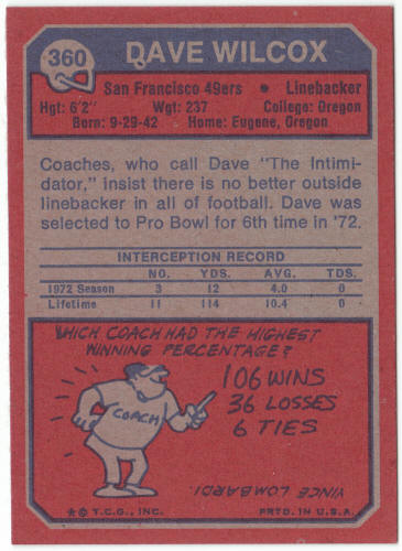 1973 Topps #360 Dave Wilcox back