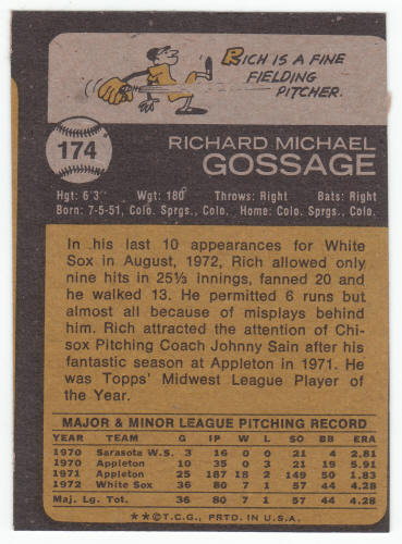 1973 Topps Rich Goose Gossage 174 Rookie Card back