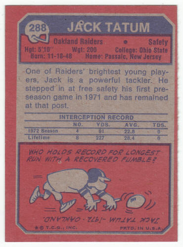 1973 Topps Jack Tatum #288 Rookie Card back