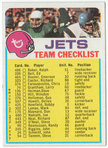 1973 Topps New York Jets Team Checklist front