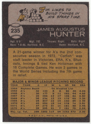 1973 Topps #235 Jim Catfish Hunter back