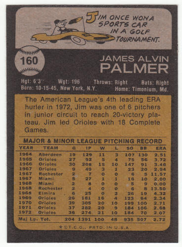 1973 Topps #160 Jim Palmer baseball card back