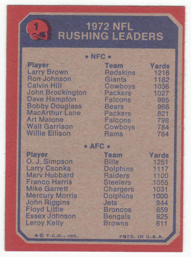 1973 Topps NFL Rushing Leaders #1 Larry Brown OJ Simpson back