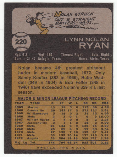 1973 Topps #220 Nolan Ryan back
