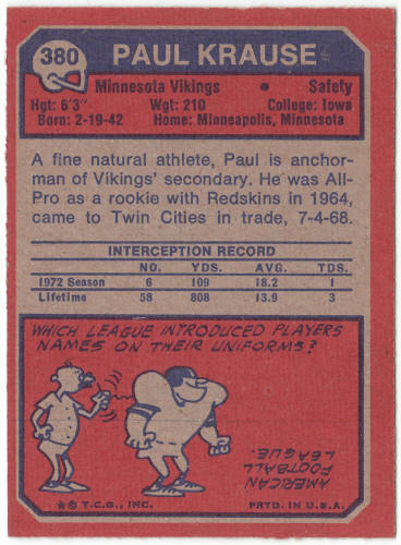 1973 Topps #380 Paul Krause back