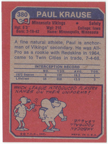 1973 Topps Football #380 Paul Krause
