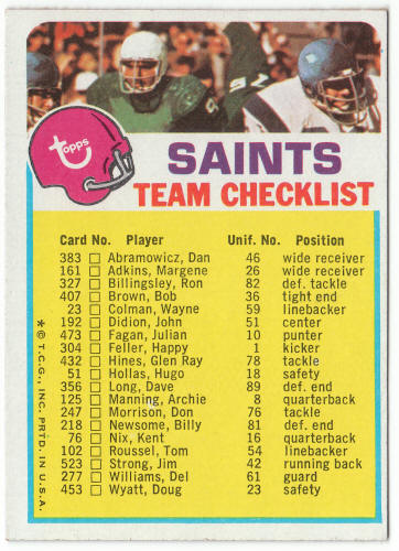 1973 Topps New Orleans Saints Team Checklist front