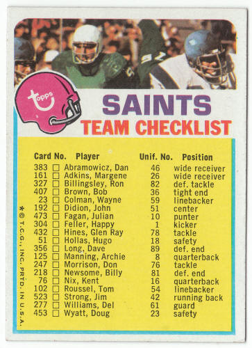 1973 Topps New Orleans Saints Team Checklist front