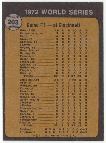 1973 Topps #203 World Series Game 1 Johnny Bench back