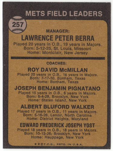1973 Topps 257A Yogi Berra back