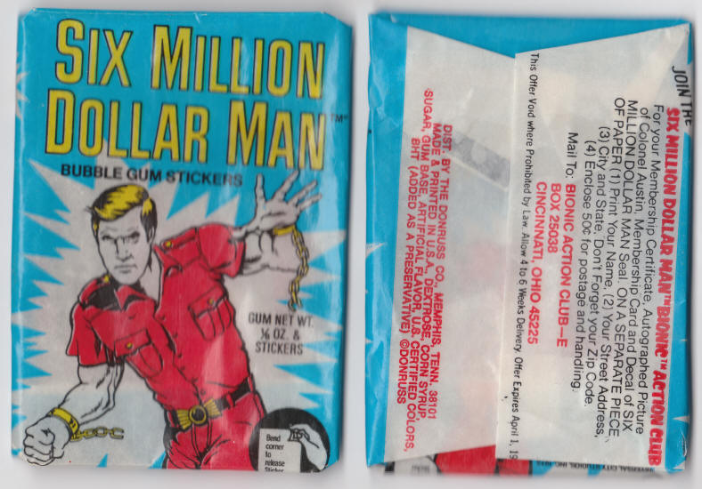 1975 Donruss Six Million Dollar Man Sticker Wax Pack Wrapper