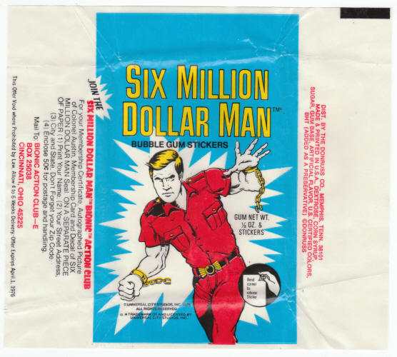 1975 Donruss Six Million Dollar Man Sticker Wax Pack Wrapper