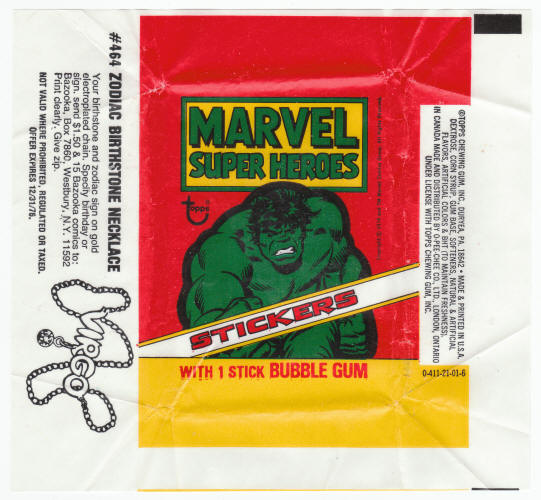 1976 Topps Marvel Super Heroes Hulk Wrapper