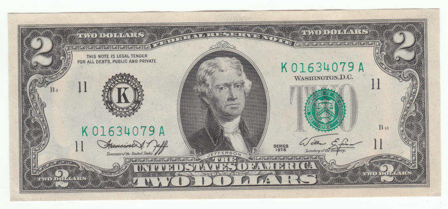 1976 US Jefferson Two Dollar Bill