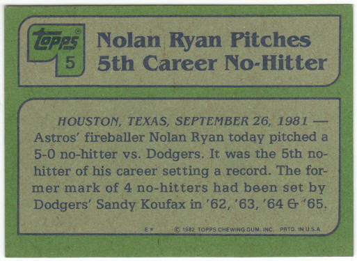 1982 Topps Baseball #5 Nolan Ryan Highlight