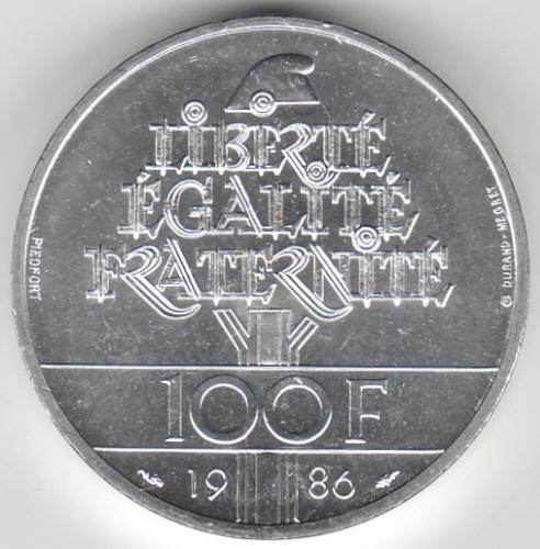 1986 France 100 Franc Piedfort Statue Of Liberty Silver Coin Reverse