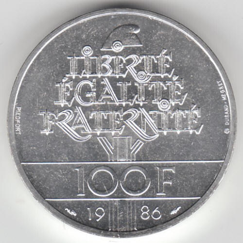 1986 France 100 Franc Piedfort Statue Of Liberty Silver Coin Reverse