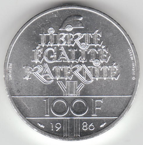 1986 France 100 Franc Piedfort Statue Of Liberty Silver Coin Reverse