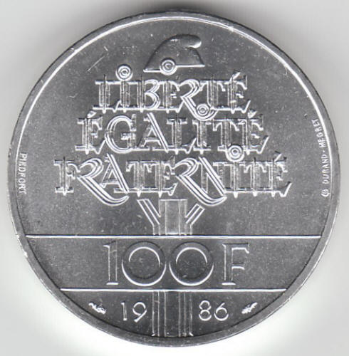 1986 France 100 Franc Piedfort Statue Of Liberty Silver Coin Reverse