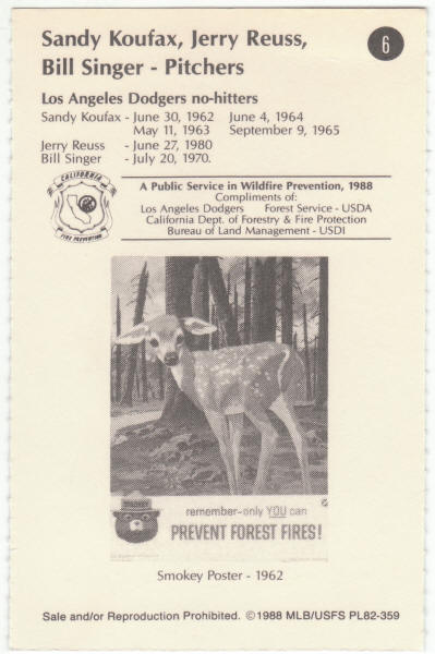 1988 Smokey The Bear Los Angeles Dodgers Record-Breakers Baseball #6 Koufax Reuss Singer