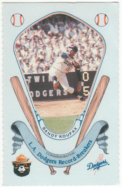 1988 Smokey The Bear Los Angeles Dodgers Record-Breakers Baseball #4 Sandy Koufax