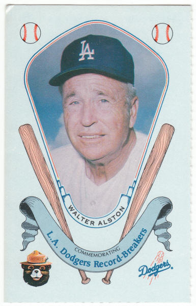 1988 Smokey The Bear Los Angeles Dodgers Record Breakers Baseball #1 Walter Alston