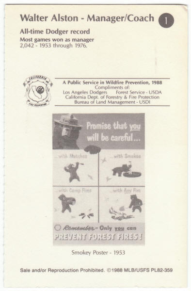 1988 Smokey The Bear Los Angeles Dodgers Record Breakers Baseball #1 Walter Alston