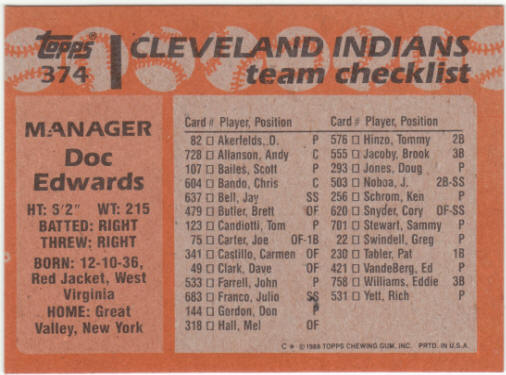 1988 Topps Baseball #374 Doc Edwards MG Variation